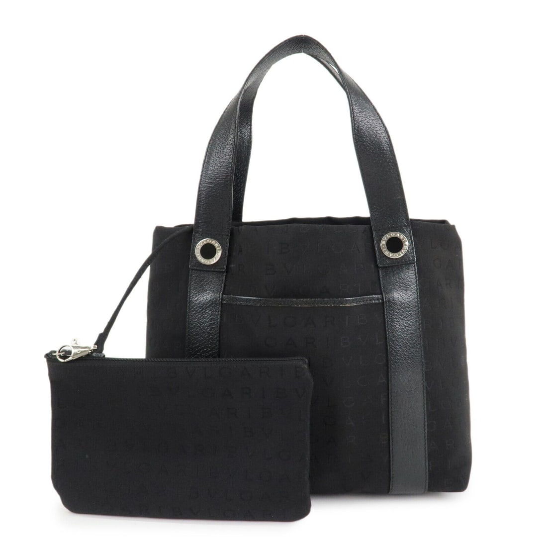 BVLGARI Logo Mania Black Canvas Leather Tote Bag with Pouch: BVLGARI Logo Mania Black Canvas Leather Tote Bag with Pouch This BVLGARI Logo Mania Canvas Leather Hand Bag Tote combines luxury and functionality, making it a stylish choice for everyday use. Crafted