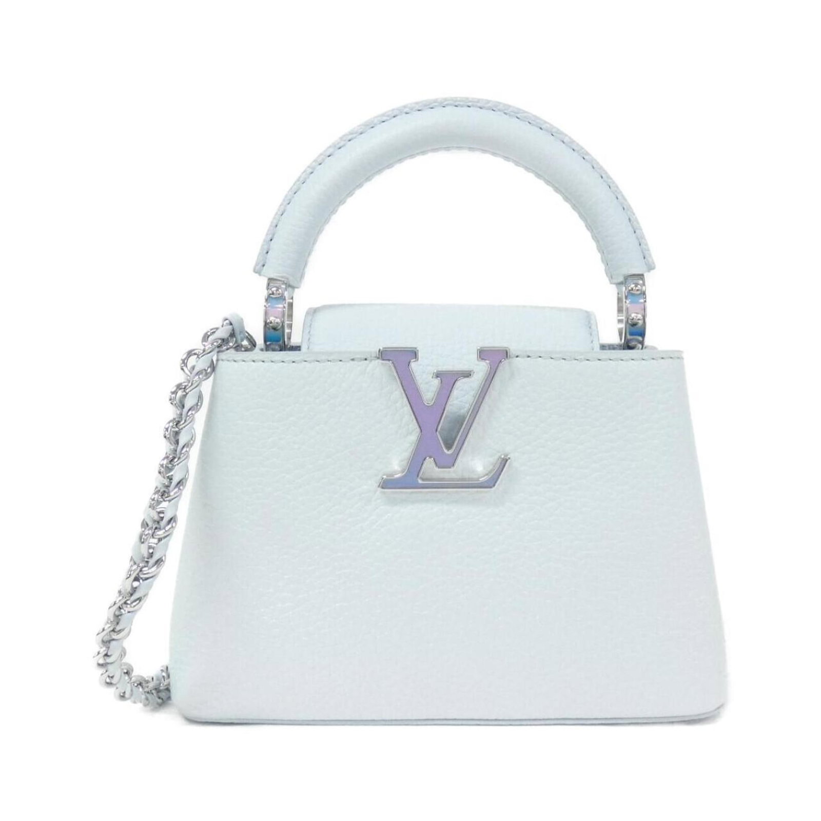 Louis Vuitton Capucines MINI M23289 Handbag: Louis Vuitton Capucines MINI M23289 Handbag Brand: Louis Vuitton Type: Handbag Material: Leather Color: Blue, Glacier Gender: Women Overall Scratches: Slight Overall Dirt: Slight Overall Traces of Use