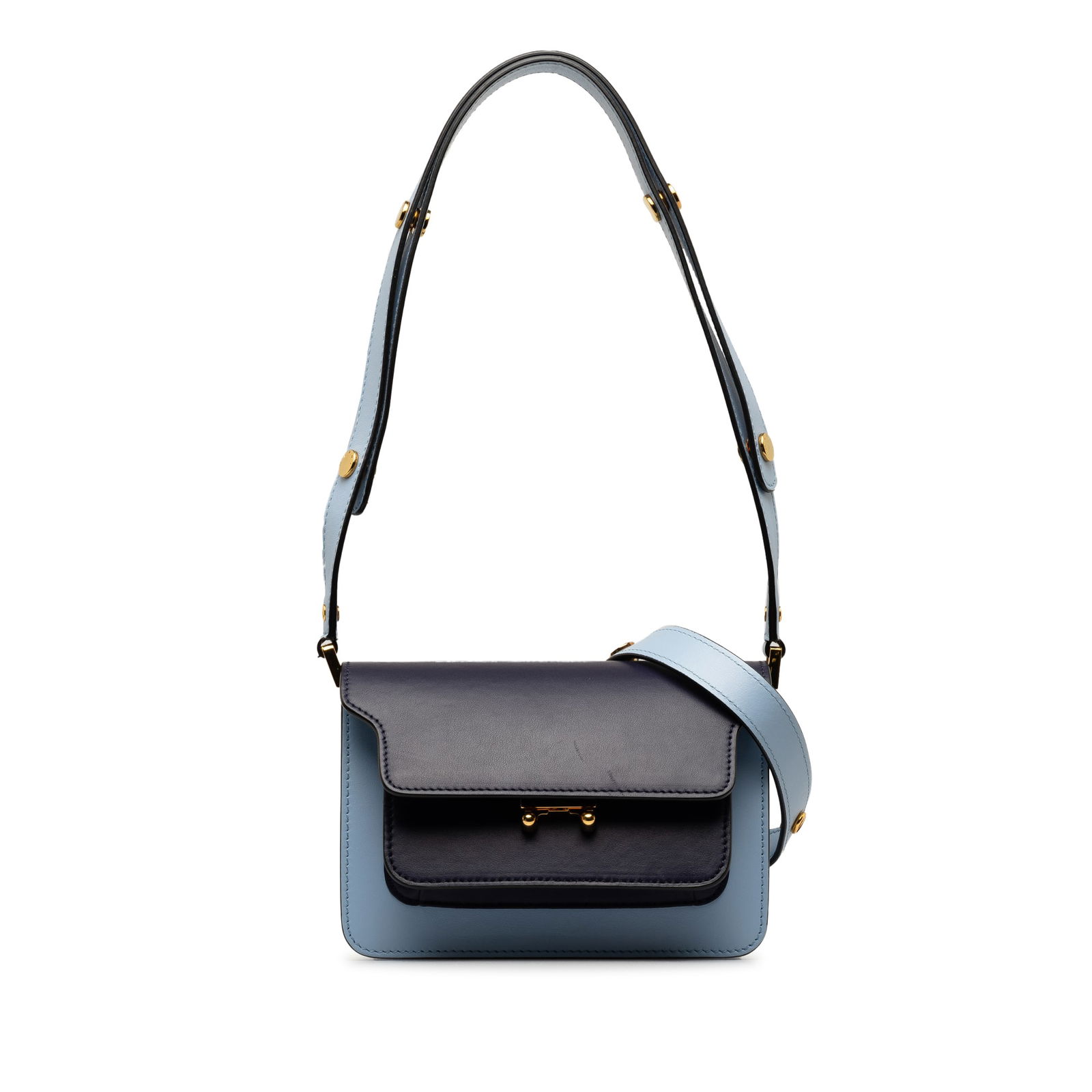 Marni Mini Bicolor Trunk Bag: Marni Mini Bicolor Trunk Bag The Trunk crossbody bag features a leather body, a flat shoulder strap, an additional attachable flat strap, a front flap with push lock closure, an interior zip compartme