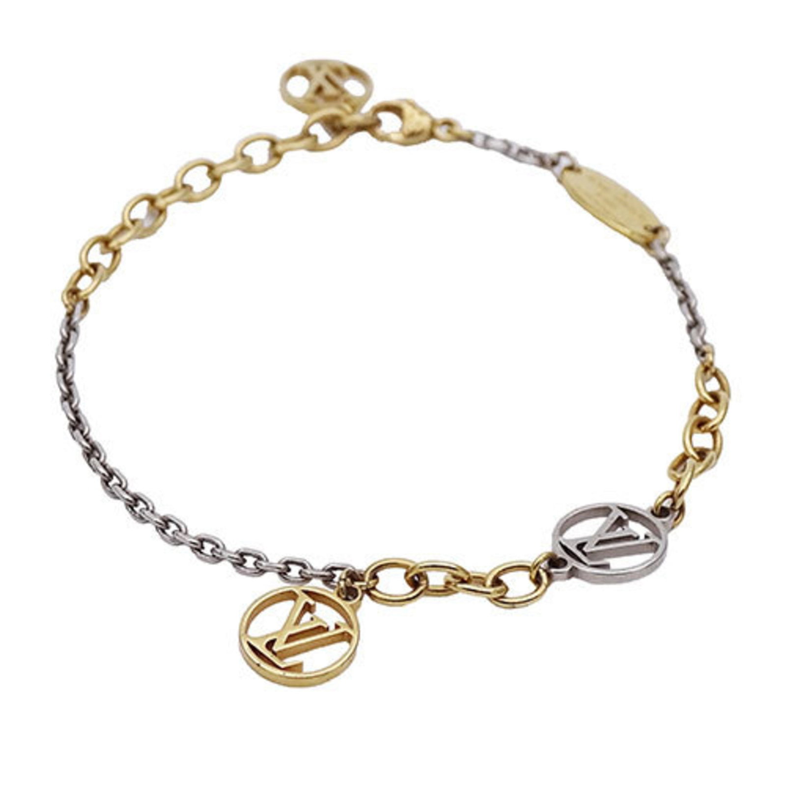 Louis Vuitton LOUIS VUITTON Bracelet for Women Mania Gold Silver M68077: Louis Vuitton LOUIS VUITTON Bracelet for Women Mania Gold Silver M68077 Brand: Louis Vuitton Type: Charm bracelet Gender: Women Material: Gold plating Length: 18.5cm / 7.28'' Overall Scratches: Modera