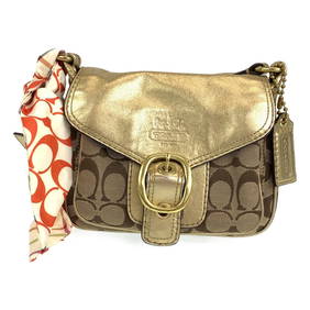 COACH Signature Scarf Beige Gold Hardware Canvas Leather Shoulder Bag Pochette Women's (1 of 9)