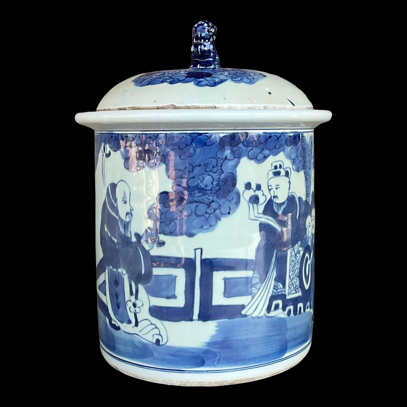 Vintage Asian Blue and White Ceramic Lidded Jar 14" Tall: Vintage Asian Blue and White Ceramic Lidded Jar 14" Tall Add a touch of timeless elegance with our Vintage Asian Blue and White Lidded Jar. This exquisite piece showcases traditional Asian craftsmansh