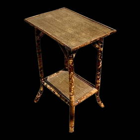 Vintage Burnt Bamboo Coastal Side Table with Woven Design (1 of 7)