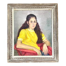 Vintage Boho Signed Oil Portrait Young Woman 25.75 x 29.75 Yellow (1 of 9)