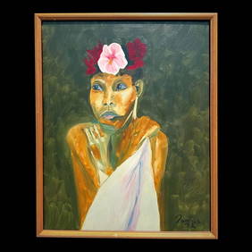 Vintage Boho Signed Portrait Oil Painting on Canvas 25.5 x 31.75 (1 of 10)