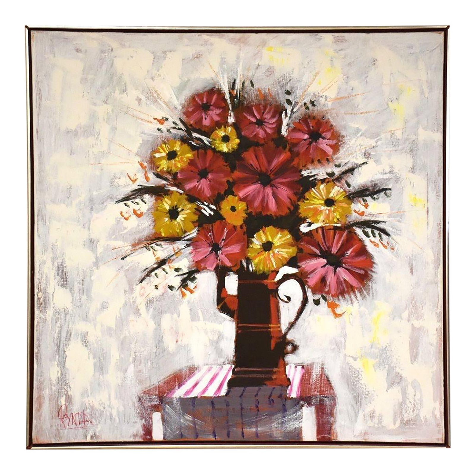 Lee Reynolds Mid Century Modern 41 Inch Floral Oil Painting: Lee Reynolds Mid Century Modern 41 Inch Floral Oil Painting This captivating mid-century modern oil on canvas painting by Lee Reynolds features a vibrant arrangement of flowers in a vase. Measuring 41