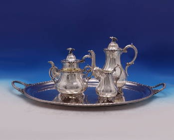 Robert Harper Victorian Sterling Silver Tea Set 4pc with Bird Finials and Silverplate Tray (1 of 12)