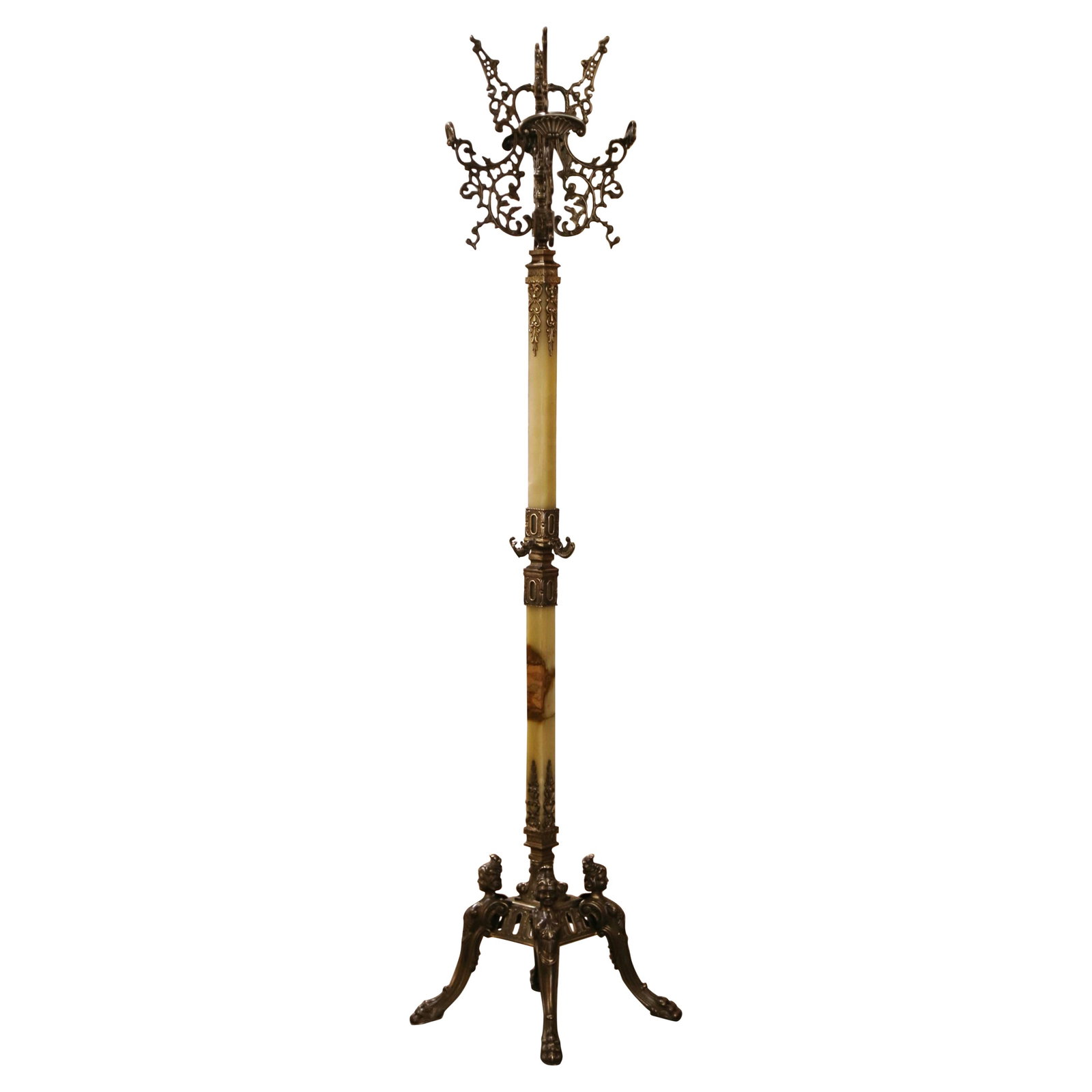 Art Deco French Hall Tree circa 1920 Onyx Brass 69" H: Art Deco French Hall Tree circa 1920 Onyx Brass 69" H This exquisite early 20th century French hall tree, crafted circa 1920, showcases a stunning combination of hand-carved onyx and patinated brass. 