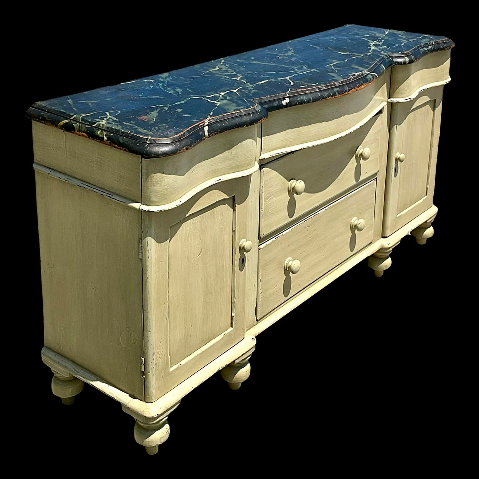 Chic Vintage Regency Hand-Painted Credenza with Faux Marble Top: Chic Vintage Regency Hand-Painted Credenza with Faux Marble Top This exquisite vintage Regency hand-painted credenza showcases a chic wave front design highlighted by a stunning faux marble top. The p