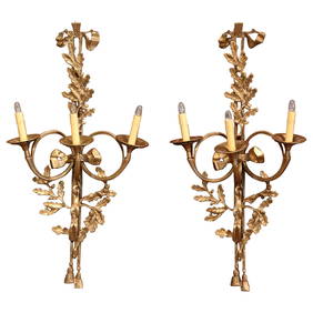 Elegant Pair of Louis XVI Bronze Three-Arm Wall Sconces France 34.5" H (1 of 5)