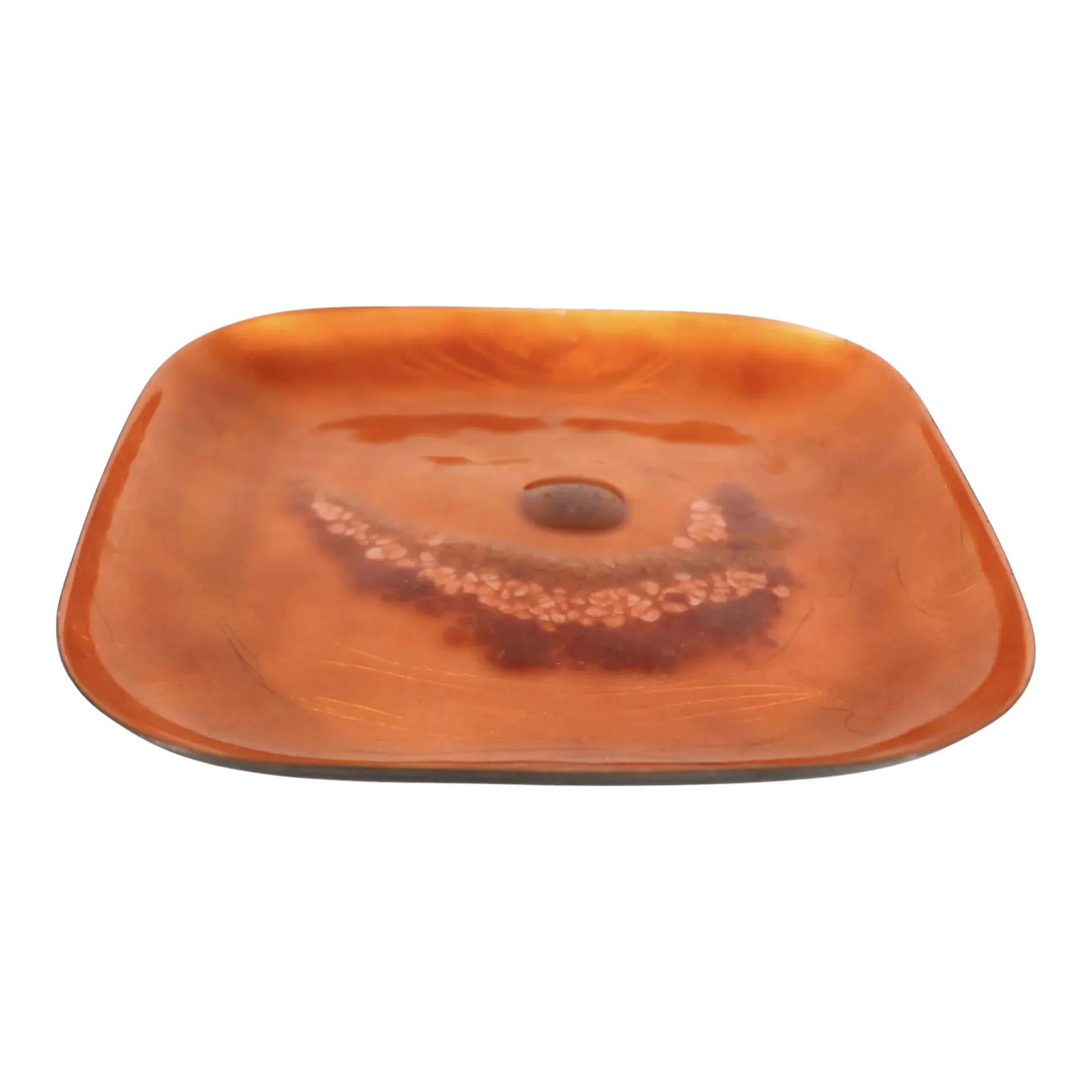 Bovano Mid Century Orange Enameled Metal Catchall Dish 8.75in: Bovano Mid Century Orange Enameled Metal Catchall Dish 8.75in This Mid Century enameled metal catchall vide poche by Bovano is a striking piece from the 1950s/60s, crafted in Connecticut. The dish sho