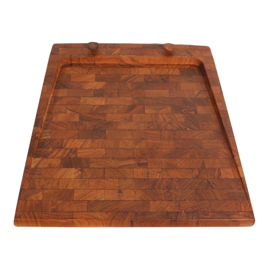Mid Century Parquetry Wood Tray in the Style of Digsmed Made in Hong Kong: Mid Century Parquetry Wood Tray in the Style of Digsmed Made in Hong Kong This stylish parquetry wood tray features a unique wedge form and is designed in the style of Digsmed, Denmark. It retains a g