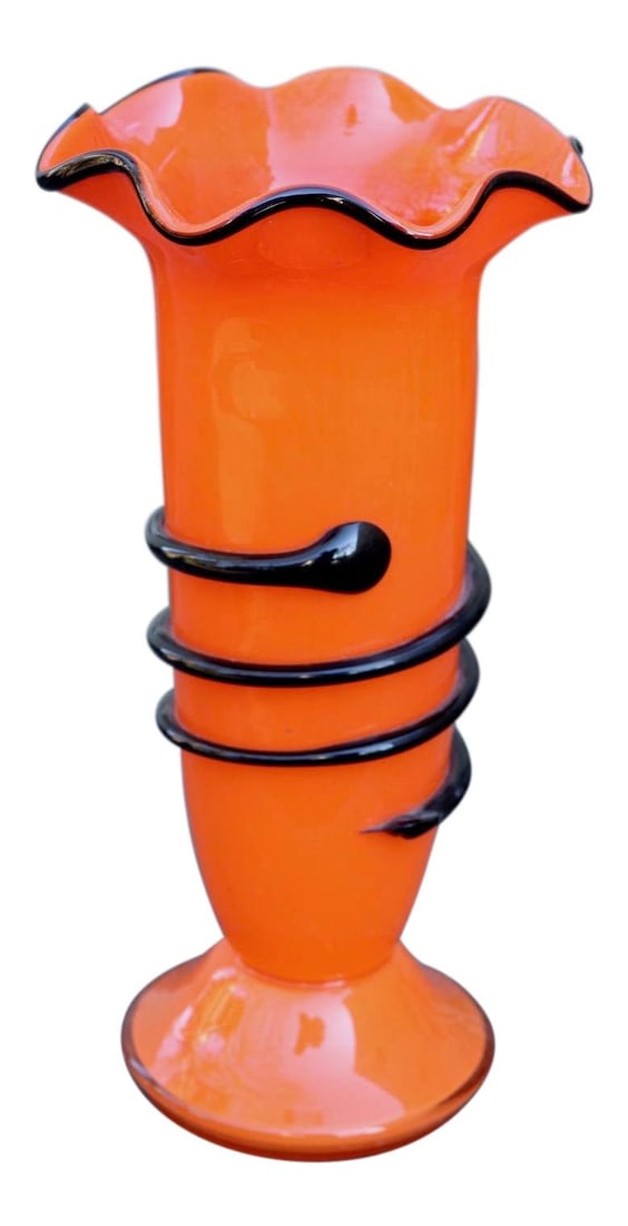 Loetz Tango Art Glass Vase Orange Cobalt Snake Wrap 7.5in: Loetz Tango Art Glass Vase Orange Cobalt Snake Wrap 7.5in Classic Loetz Tango art glass vase, having an orange body, and deep cobalt applied snake wrap. A classic piece of art glass, it stands at a he