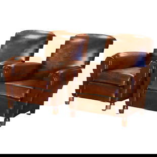 Vintage French Art Deco Club Armchairs Set of 2 Brown Leather circa 1920: Vintage French Art Deco Club Armchairs Set of 2 Brown Leather circa 1920 This pair of early 20th century French club armchairs epitomizes classic Art Deco design, crafted around 1920. The armchairs fe