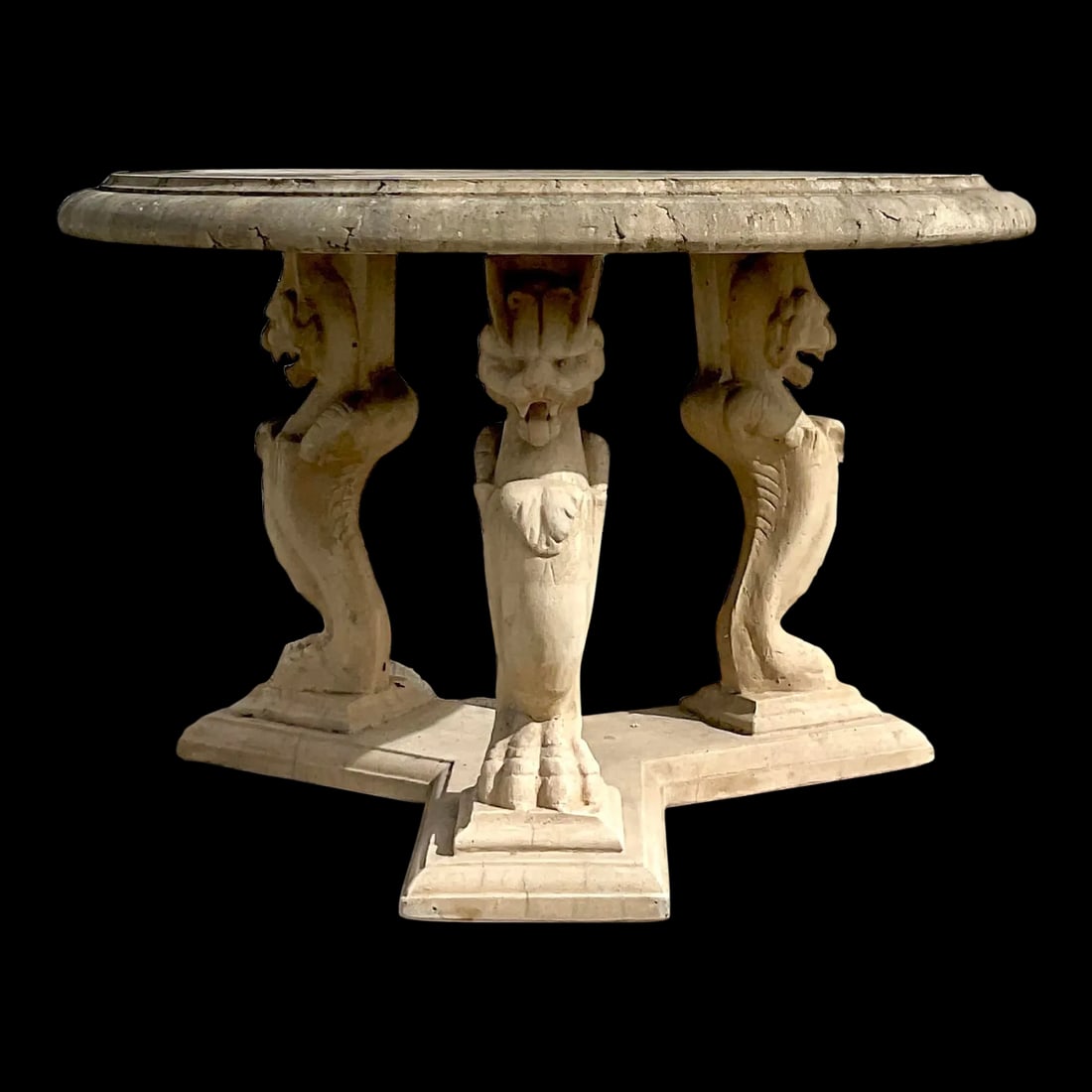 Vintage Regency Cast Concrete Phoenix Center Hall Table 48 x 48 x 30.5: Vintage Regency Cast Concrete Phoenix Center Hall Table 48 x 48 x 30.5 This exquisite vintage Regency center hall table features a striking phoenix design crafted from durable cast concrete. The table