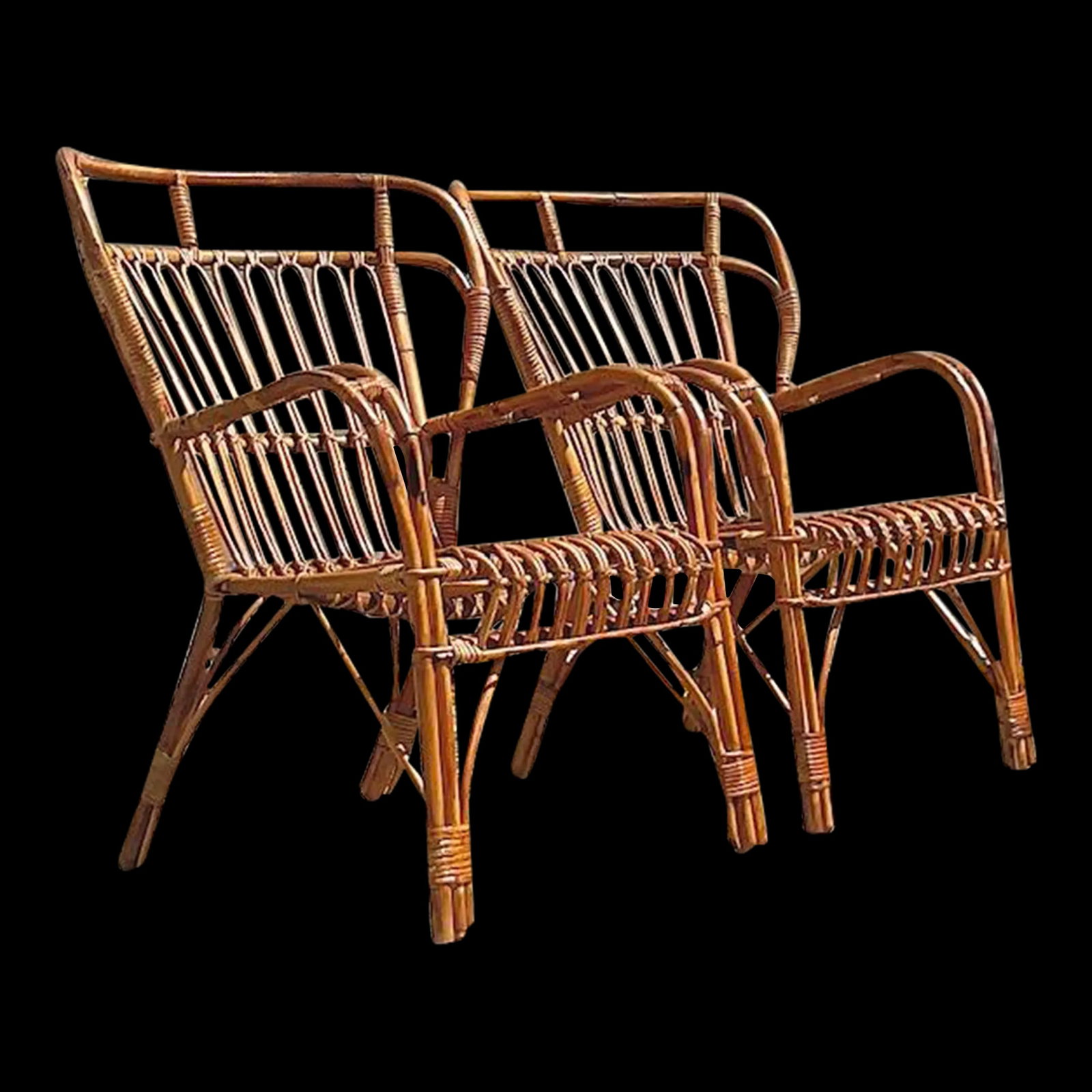 Vintage Coastal Rattan High Back Lounge Chairs Set of 2: Vintage Coastal Rattan High Back Lounge Chairs Set of 2 Discover a stunning pair of Vintage Coastal Bent Rattan High Back Lounge Chairs, perfect for enhancing your living space. These chairs feature a