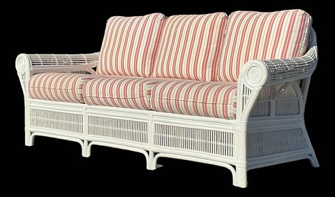 Vintage Pink Coastal Roll Arm Rattan Sofa with Plush Cushions (1 of 7)