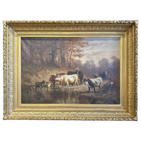 19th Century Charles Humbert Oil Painting Herd of Cows in Gilt Frame 48.5 x 36.5 (1 of 12)