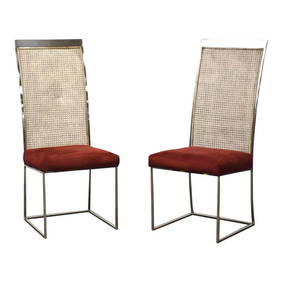 Milo Baughman Mid Century Dining Chairs Pair Chrome Cane Maroon 18" Seat Height (1 of 9)