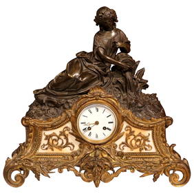 19th Century French Louis XV Bronze Marble Mantel Clock 17.5" W (1 of 9)