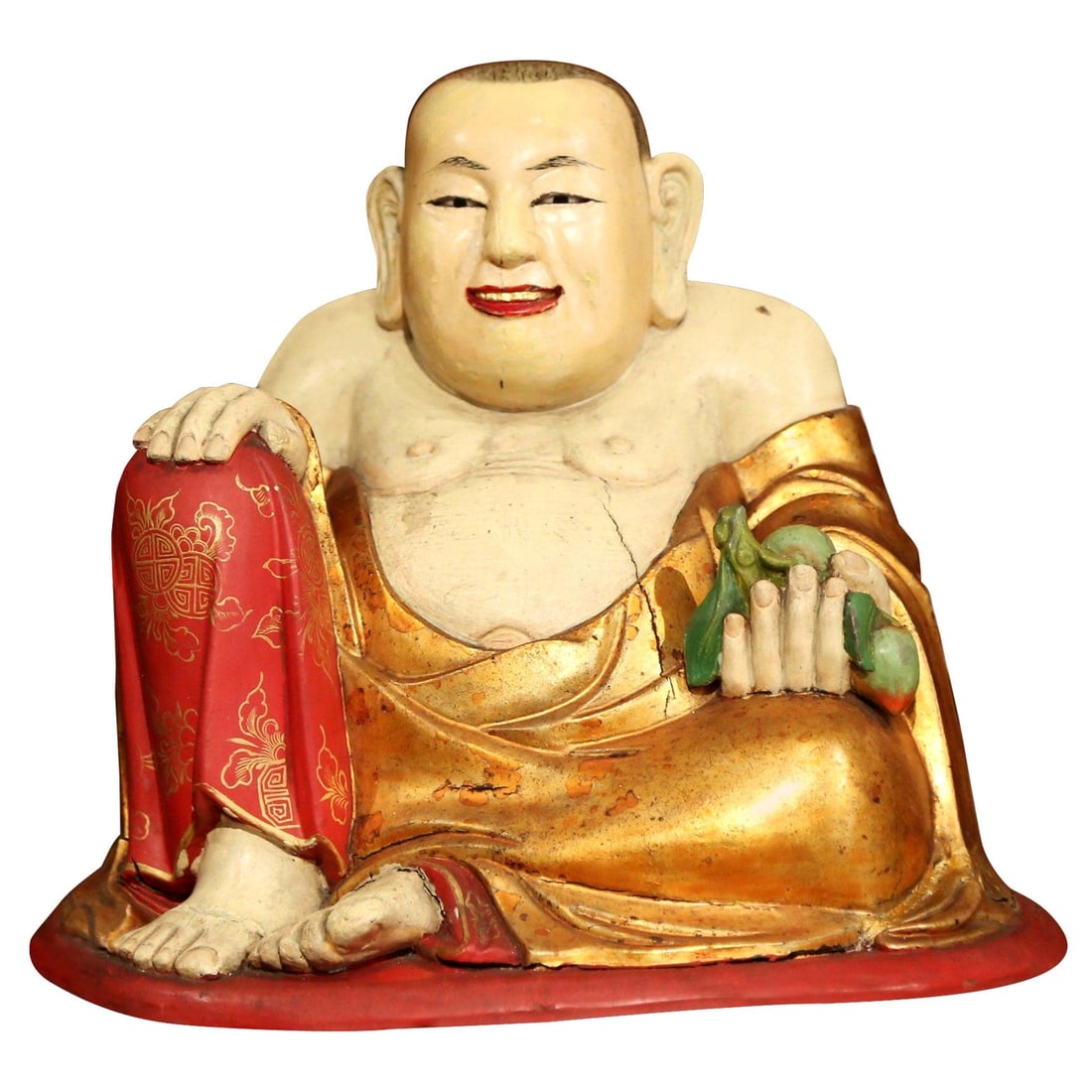 Mid-19th Century Chinese Hand-Carved Polychrome Laughing Buddha Sculpture 10.75" H: Mid-19th Century Chinese Hand-Carved Polychrome Laughing Buddha Sculpture 10.75" H This magnificent 19th Century Chinese hand-carved and painted polychrome sculpture of the Laughing Buddha stands as a