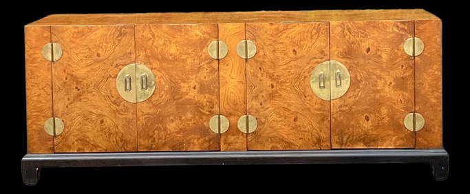 Vintage Asian Burl Wood Low Credenza with Brass Medallion Hardware (1 of 10)