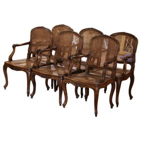 Set of 6 Antique Louis XV Walnut Cane Dining Armchairs 36" H France 1880 (1 of 9)