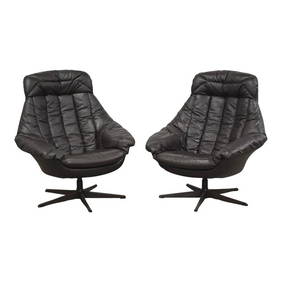 Vintage H.W. Klein Brown Leather Swivel Lounge Chairs Pair 33.5" Wide (1 of 8)