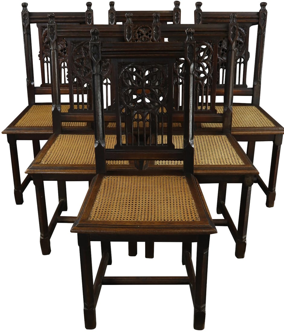 Set of 6 French Antique Gothic Dining Chairs Oak Ebony Finish 1890: Set of 6 French Antique Gothic Dining Chairs Oak Ebony Finish 1890 This exquisite set of six French Antique Gothic Dining Chairs, dating back to 1890, showcases a stunning ebony finish on fine oak, re