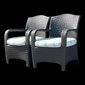 Elegant Vintage Woven Rattan Lounge Chairs Pair with Blue Stripes (1 of 9)