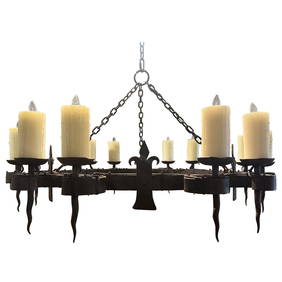19th Century French Gothic Wrought Iron Chandelier 12 Lights Fleur-de-Lys 46" Diameter (1 of 7)