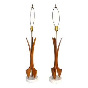 Mid Century Sculptural Walnut Marble Table Lamps 39in Pair (1 of 9)