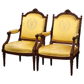 Antique 19th Century French Louis XVI Carved Walnut Fauteuils Set of 2 (1 of 10)