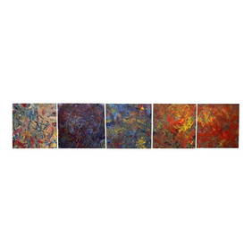 Set of 5 Vintage Abstract Expressionist Oil Paintings on Masonite 18x18 Red (1 of 10)