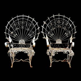 Vintage MCM Wrought Iron Peacock Chairs Pair White (1 of 8)