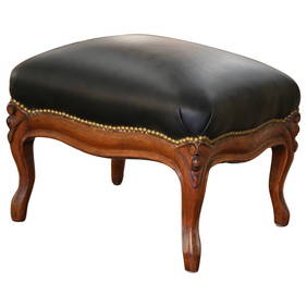 Antique Early 20th Century Louis XV Oak Stool 22.5 W x 18.5 D x 15.5 H with Black Leather (1 of 9)