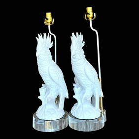 Elegant Pair of Vintage Ceramic Cockatoo Lamps 24 Inch White (1 of 3)