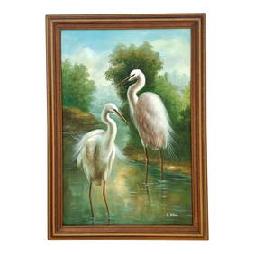 Vintage Cranes Landscape Oil Painting 29.5 x 41.5 Framed (1 of 5)