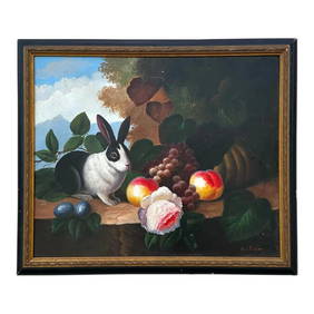 Vintage Boho Still Life Oil Painting with Rabbit and Fruits (1 of 4)