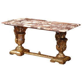 Elegant 19th Century Italian Silver Leaf Marble Trestle Coffee Table 47.5 x 26 x 24 (1 of 8)