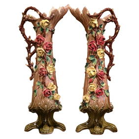 Antique 19th Century French Majolica Barbotine Vases Set of 2 (1 of 13)