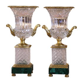 Antique French Neoclassical Cut Glass Urns on Malachite Bases Set of 2 (1 of 9)