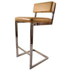 Milo Baughman Squared Chrome Stool Beige Upholstered 38.5 in Tall (1 of 10)