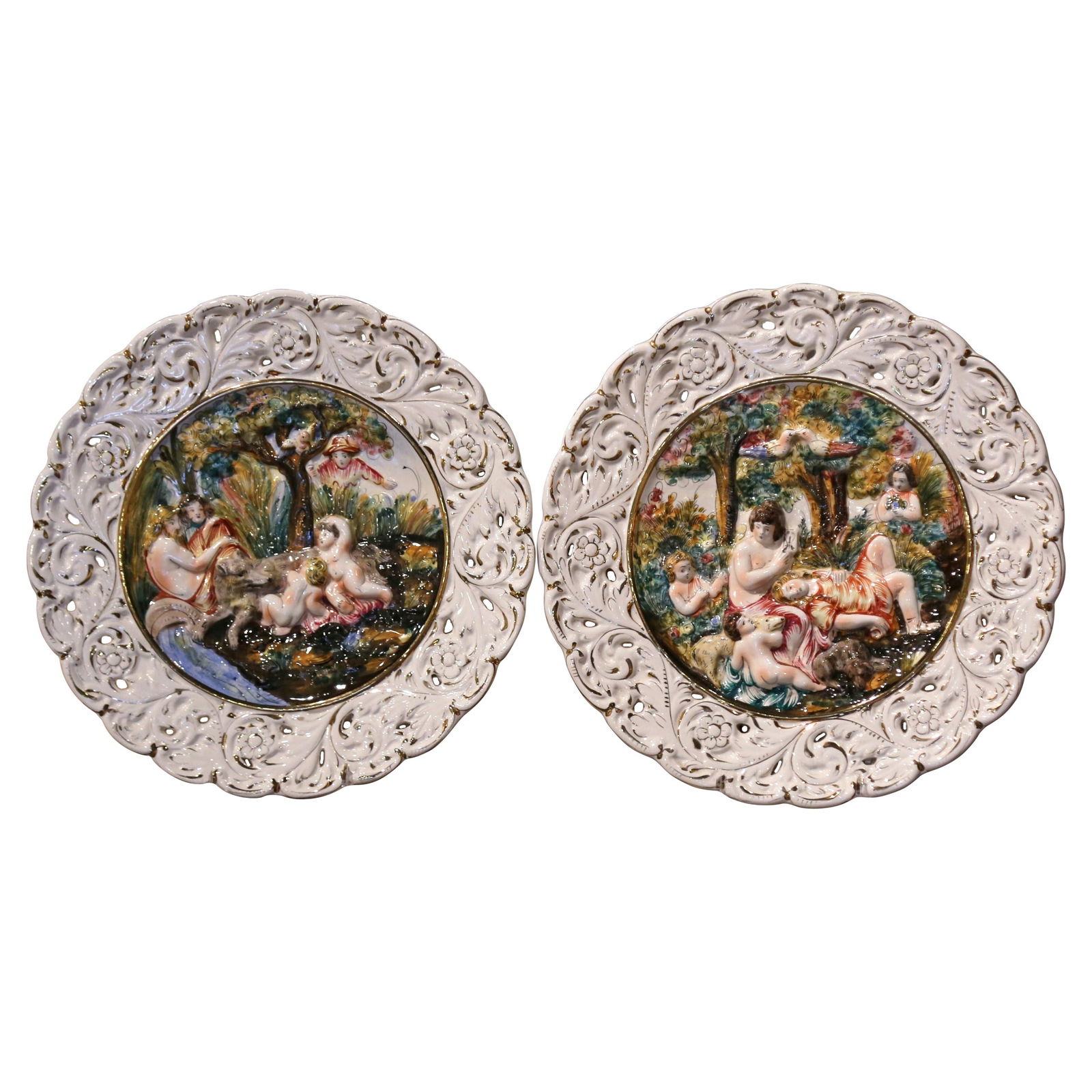 Set of 2 Capodimonte Hand-Painted Italian Wall Platters 14": Set of 2 Capodimonte Hand-Painted Italian Wall Platters 14" This exquisite pair of late 20th Century Italian hand-painted porcelain Capodimonte wall platters showcases the elegance of majolica craftsm