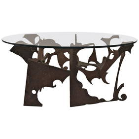 Silas Seandel Brutalist Coffee Table Signed 1975 Iron Glass 40x40 (1 of 10)