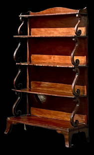 Vintage Regency Open Etagere Wood Bookcase with Scrolled Supports: Vintage Regency Open Etagere Wood Bookcase with Scrolled Supports Elevate your home decor with this exquisite vintage Regency-style open etagere. Featuring gracefully scrolled side supports, this stun