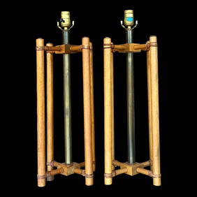 Charming Pair of Vintage Boho Rattan Lamps with Brass Accents (1 of 10)