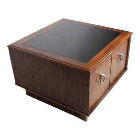 1970s Walnut End Table with Black Glass Top and Chrome Accents (1 of 10)