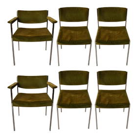 Harvey Probber Style Set of 6 Dining Chairs Chrome Frames Army Green Fabric (1 of 6)