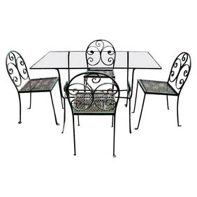 Vintage Art Deco Garden Patio Dining Set Wrought Iron Glass Table 1930s Salterini Style (1 of 10)